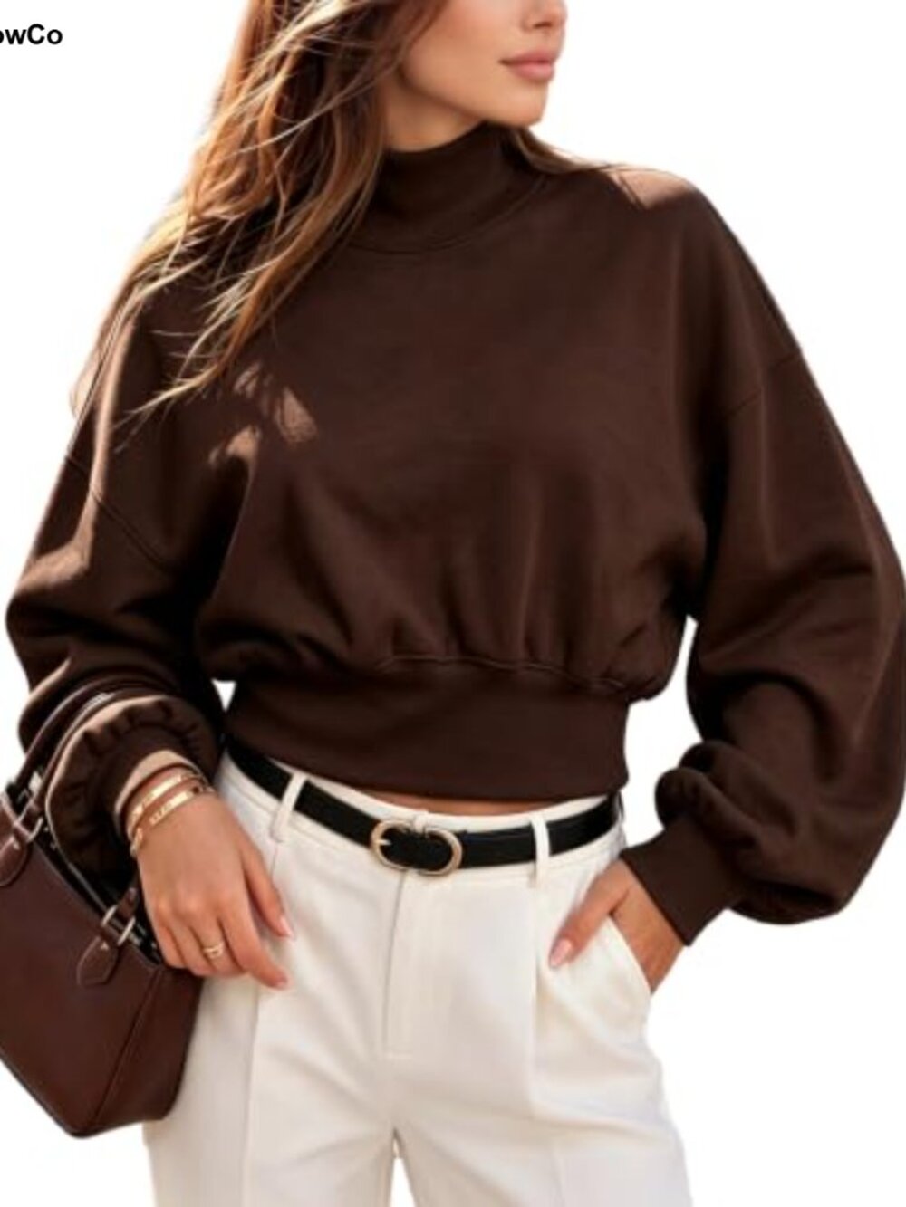 Womens Mock Neck Cropped Oversized Sweatshirt Modal Soft Pullover